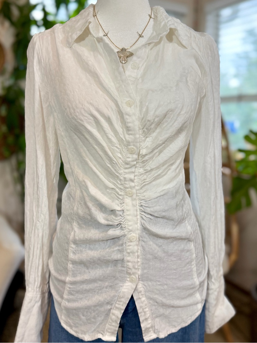Free People White Ruched Button-Down Shirt - Picture 2 of 10